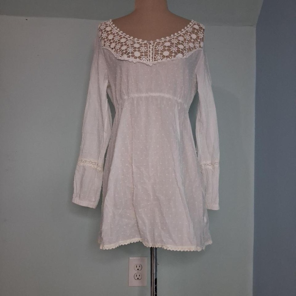 Naf Naf White Cotton Swiss Dot Crochet Lace Tunic Mini Dress Boho Womens 38 M